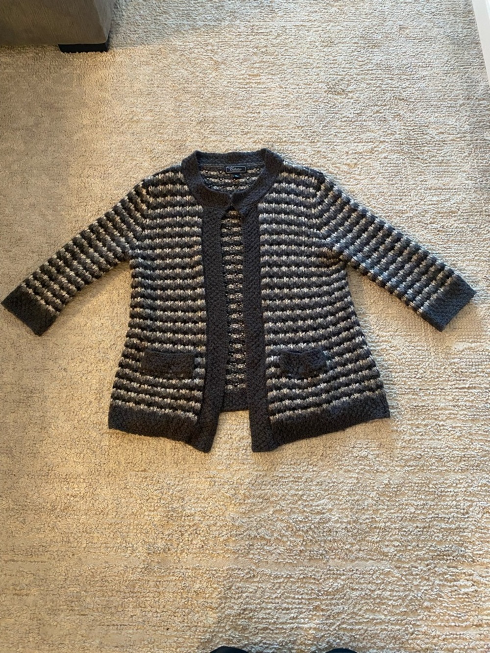 Collection Dress Barn Striped Knit Open Cardigan in Charcoal and Light Gray - XL